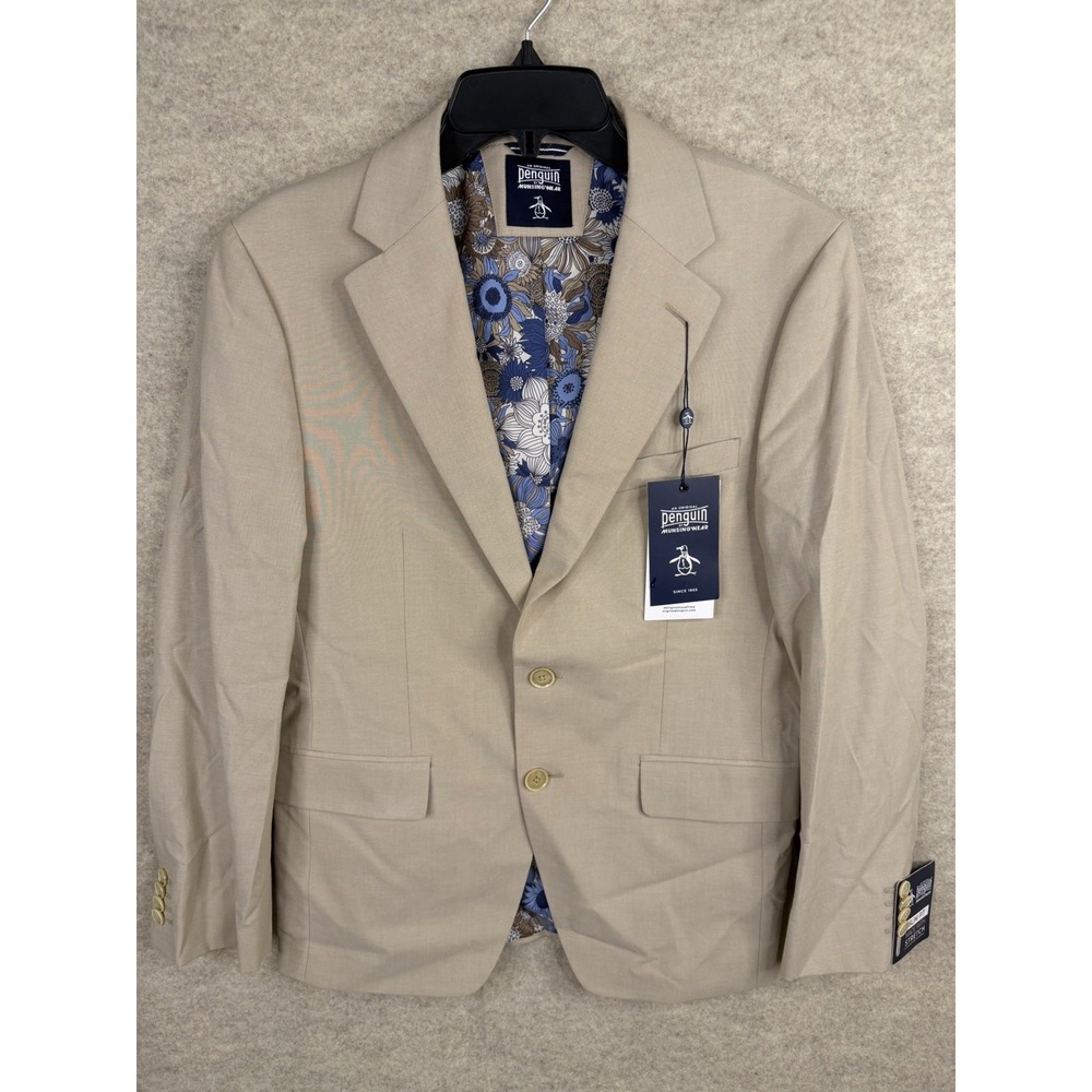 NWT Original Penguin Mens 2-Piece Suit Beige Blazer Pants Floral Lining Size 38S - Picture 2 of 16